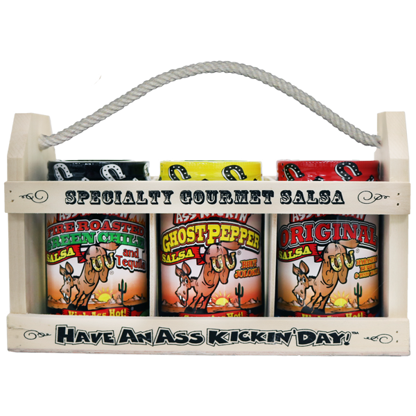 Ass Kickin’ Salsa Wooden Crate Gift Set: Three Jars of 13 oz. (384mL) Ass Kickin’ Salsa.• Ass Kickin’ Original Salsa• Ass Kickin’ Margarita Salsa (Mild)• Ass Kickin’ Roasted Garlic Salsa - XPart Supply Ltd.