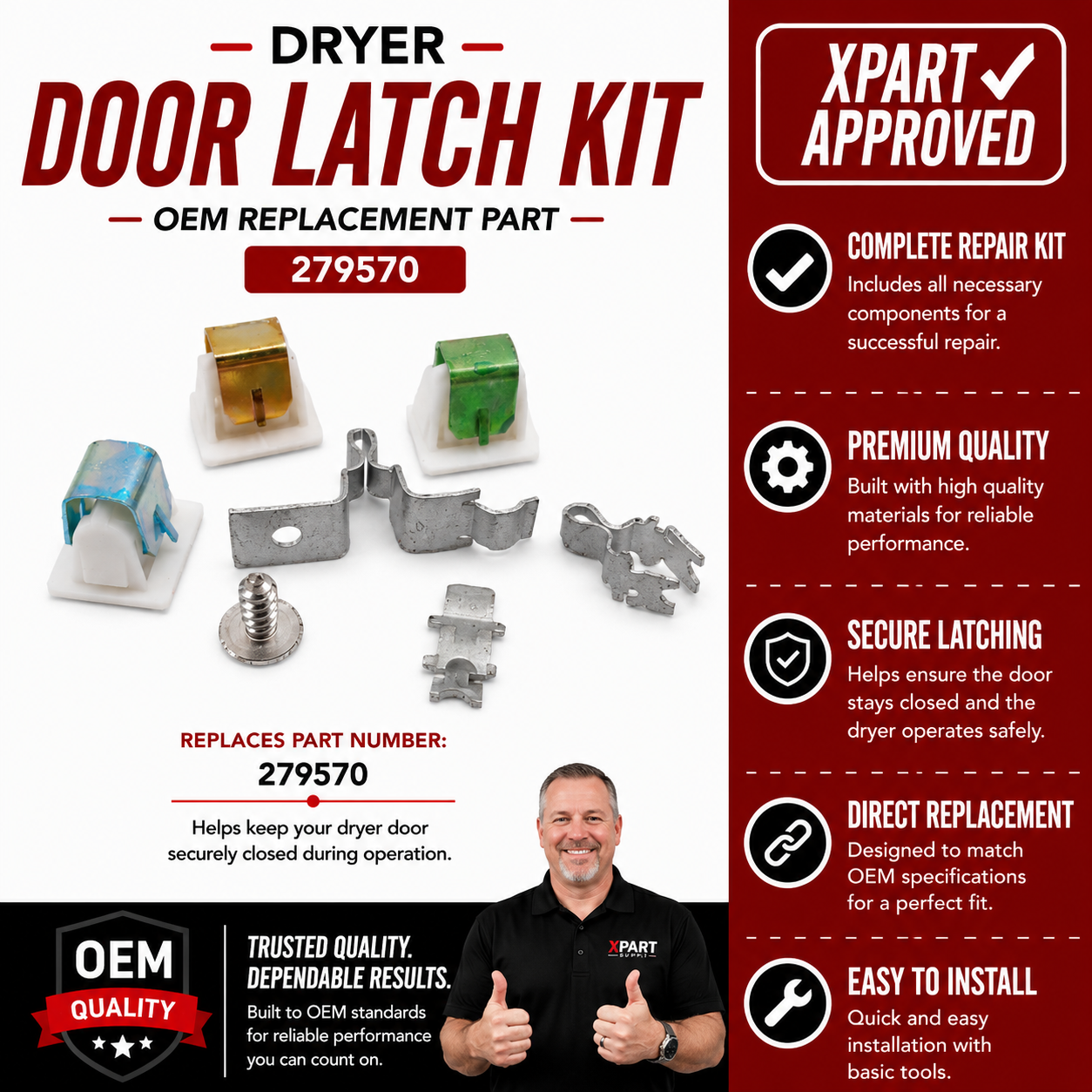 オプション 279570 Dryer Door Latch Kit | Whirlpool Maytag | XPart Supply