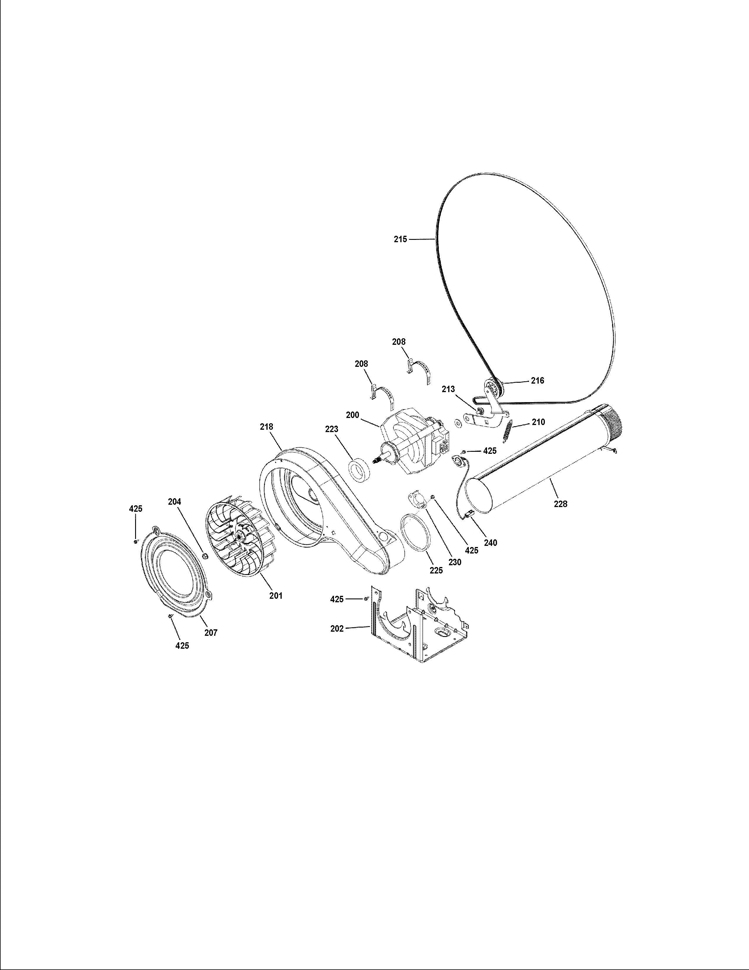 Exploded diagram of dryer components showing drum belt blower and WG04F12550 dryer drive motor assembly