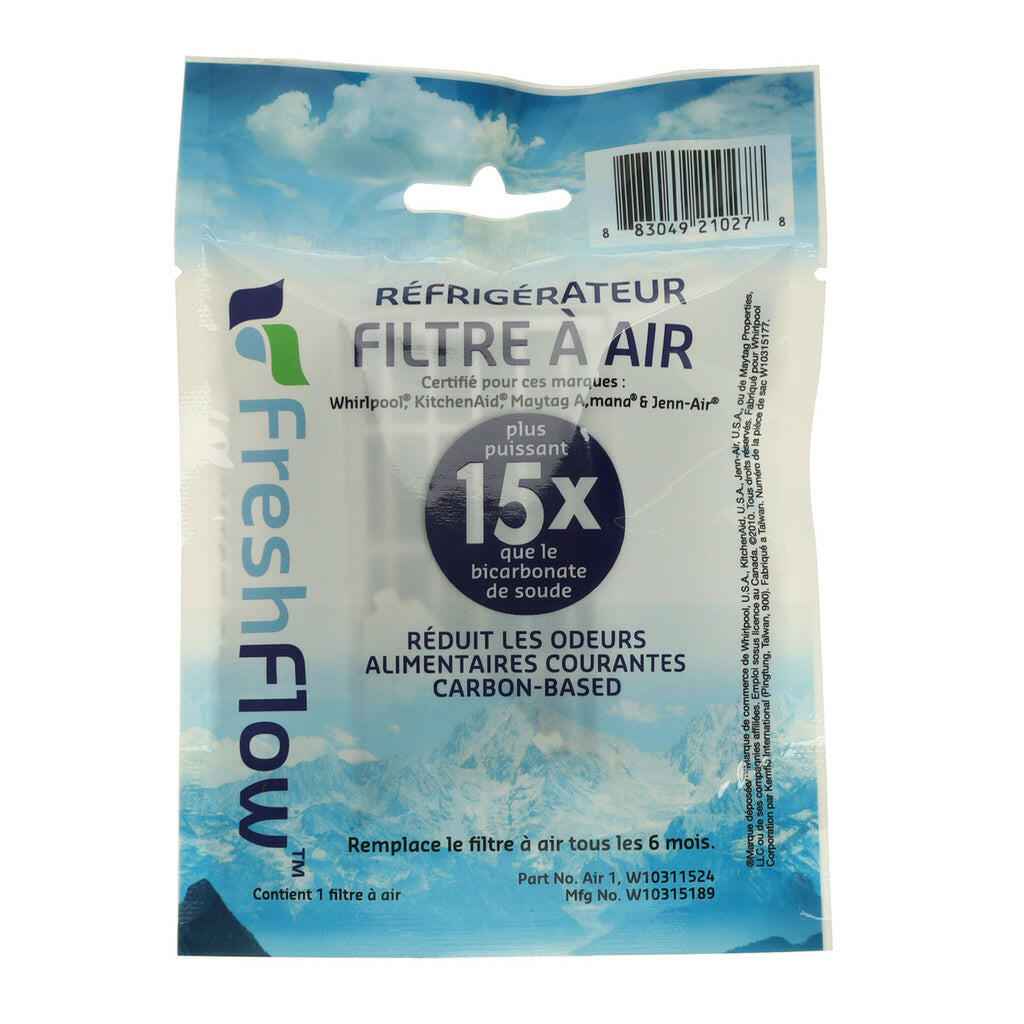 W10311524 refrigerator air filter in packaging; carbon-based odor reducer replacing 2319308, AIR1, W10315189, W10335147.