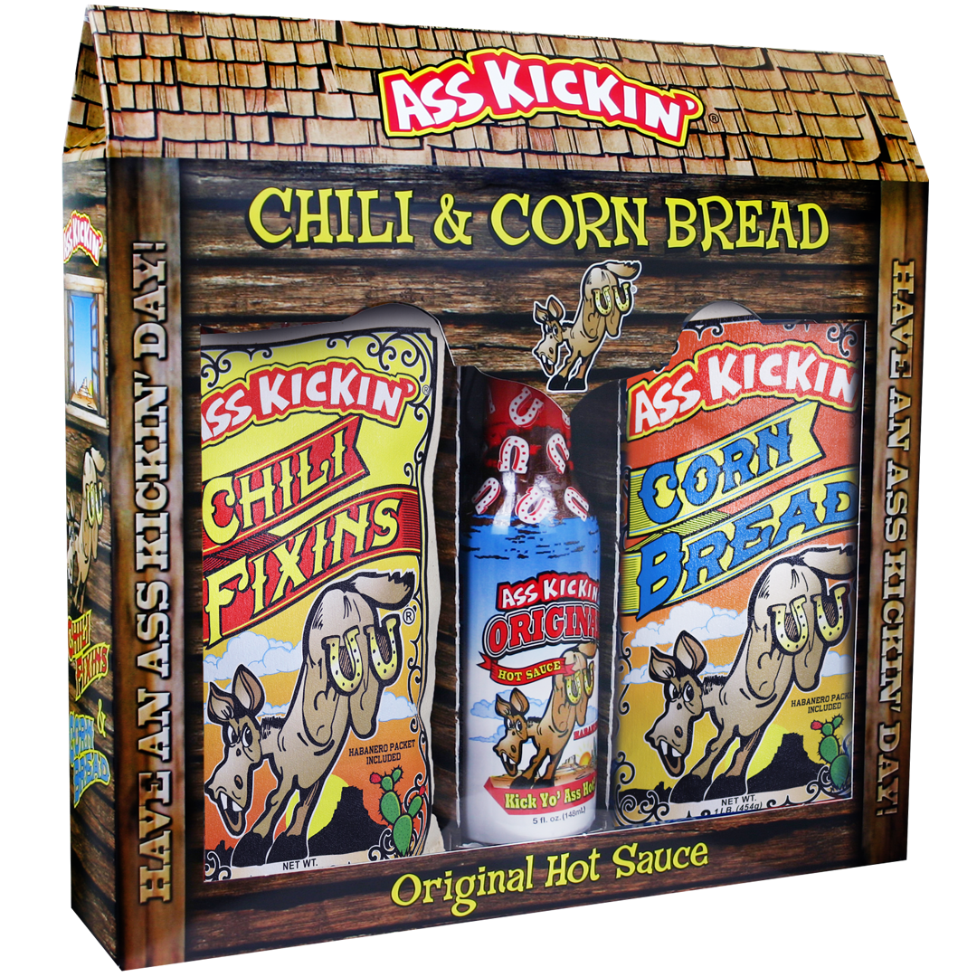 Ass Kickin' Chili Corn Bread Gift Set: 1 Bag Ass Kickin' Chili Fixins1 Bag Ass Kickin' Corn Bread1 5oz Bottle Ass Kickin' Original Hot Sauce - XPart Supply Ltd.