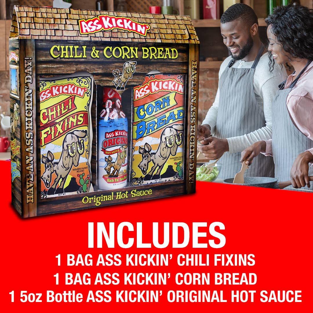 Ass Kickin' Chili Corn Bread Gift Set: 1 Bag Ass Kickin' Chili Fixins1 Bag Ass Kickin' Corn Bread1 5oz Bottle Ass Kickin' Original Hot Sauce - XPart Supply Ltd.