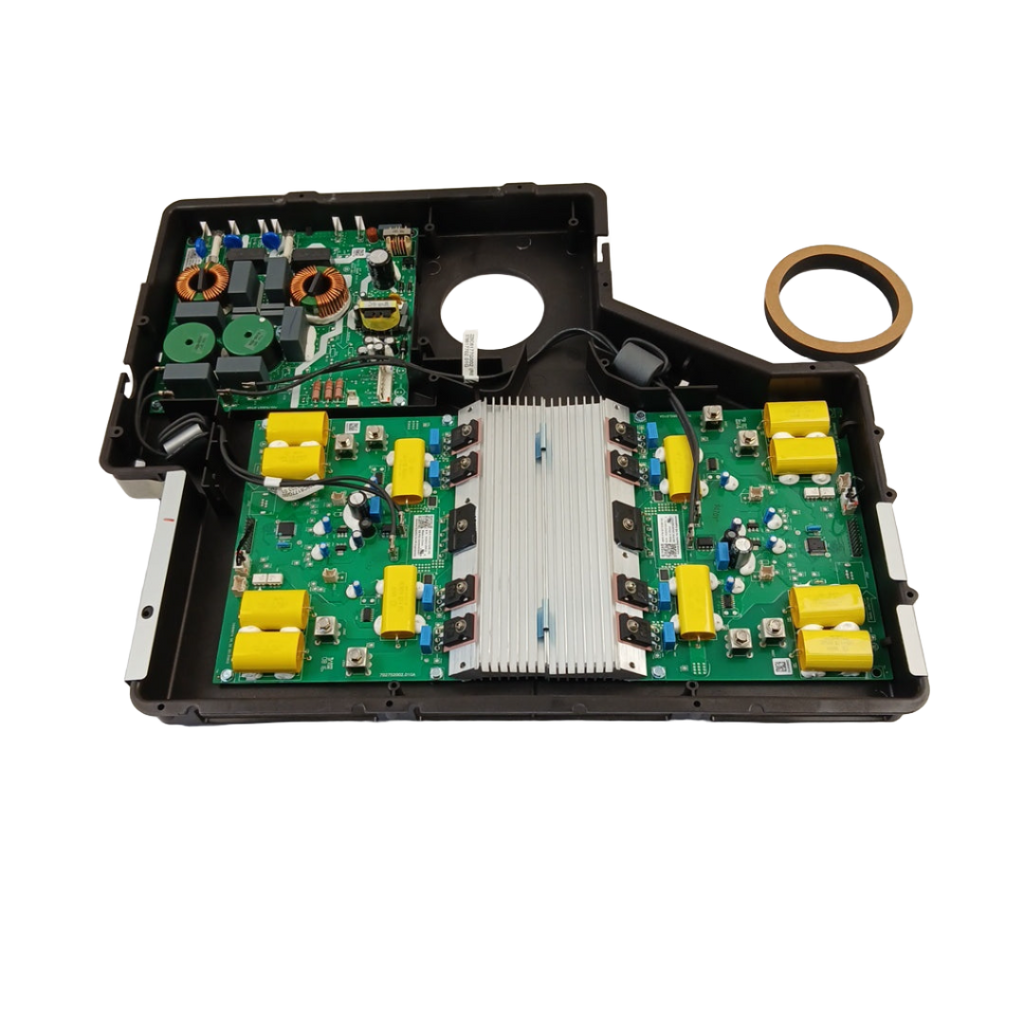 XPart Supply WG02F13536 oven induction control assembly open circuit board with heatsink coils and yellow capacitors