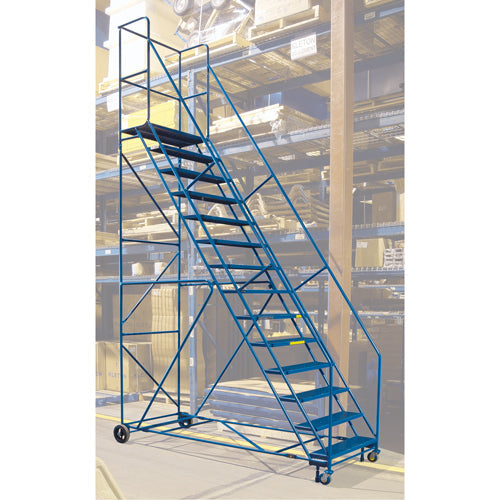 CSA-Certified Rolling Step Ladder with Locking Step, 14 Steps, 30" Step Width, 128" Platform Height, Steel