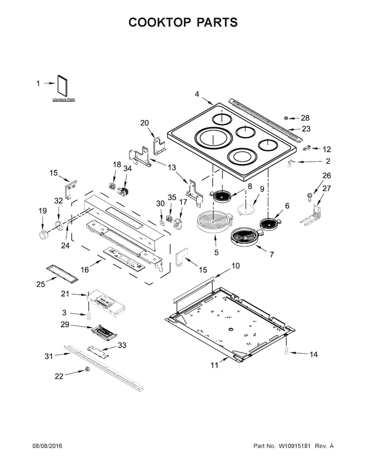 W10915661 range control panel exploded cooktop parts diagram showing burners knobs and mounting hardware