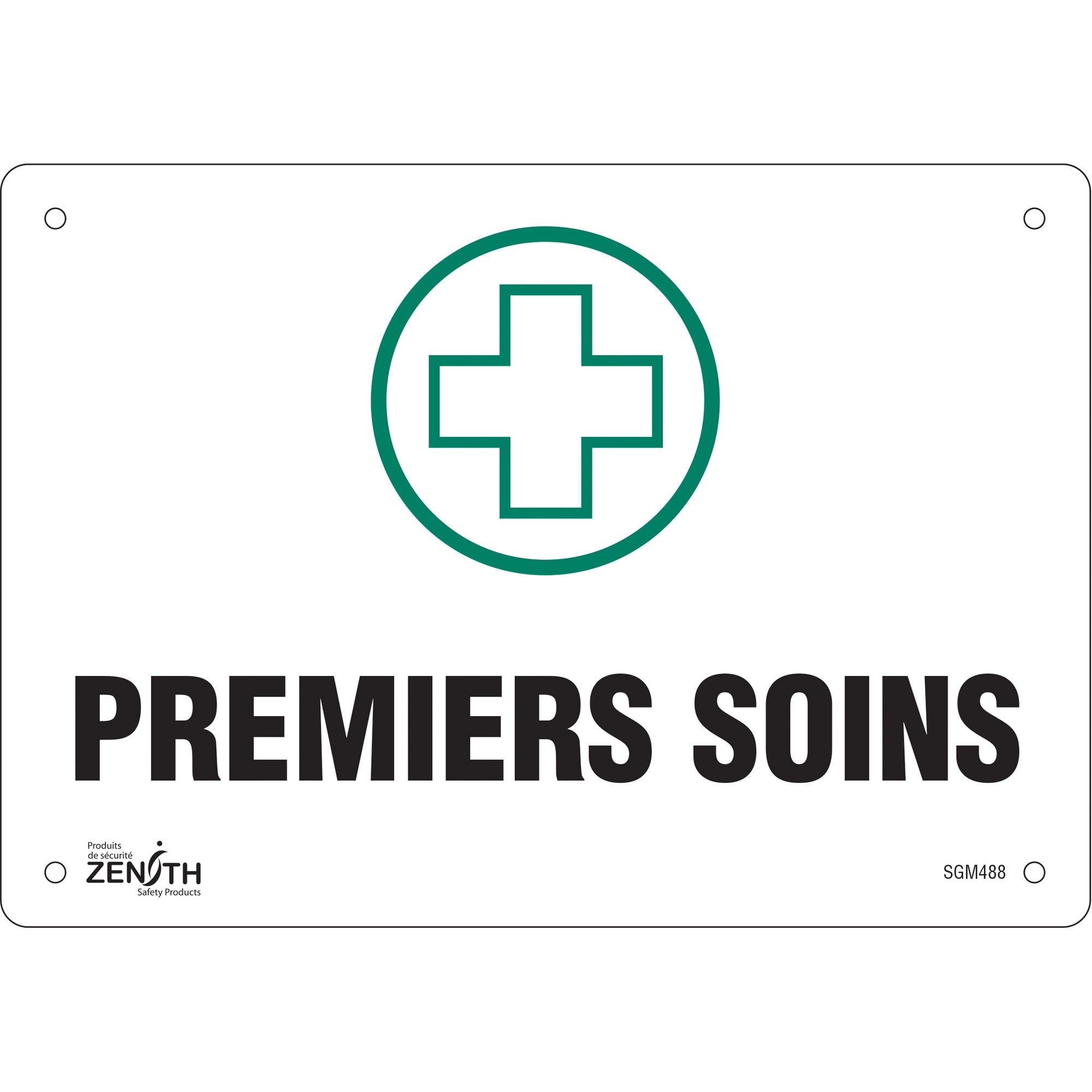 "Premiers Soins" Sign, 7" x 10", Plastic, French with Pictogram