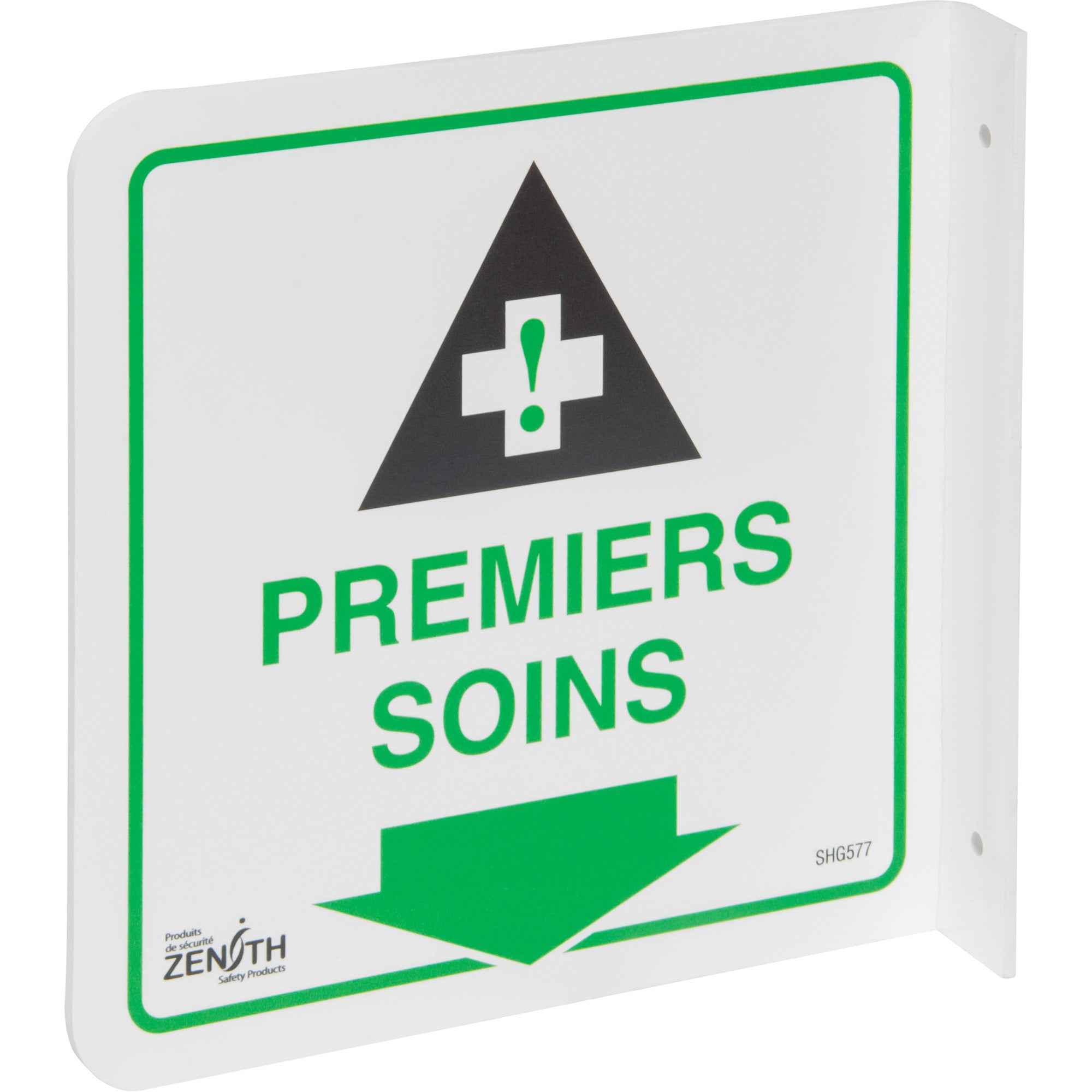 90° Projecting "Premiers Soins" Sign, 8" x 8", Plastic, French with Pictogram