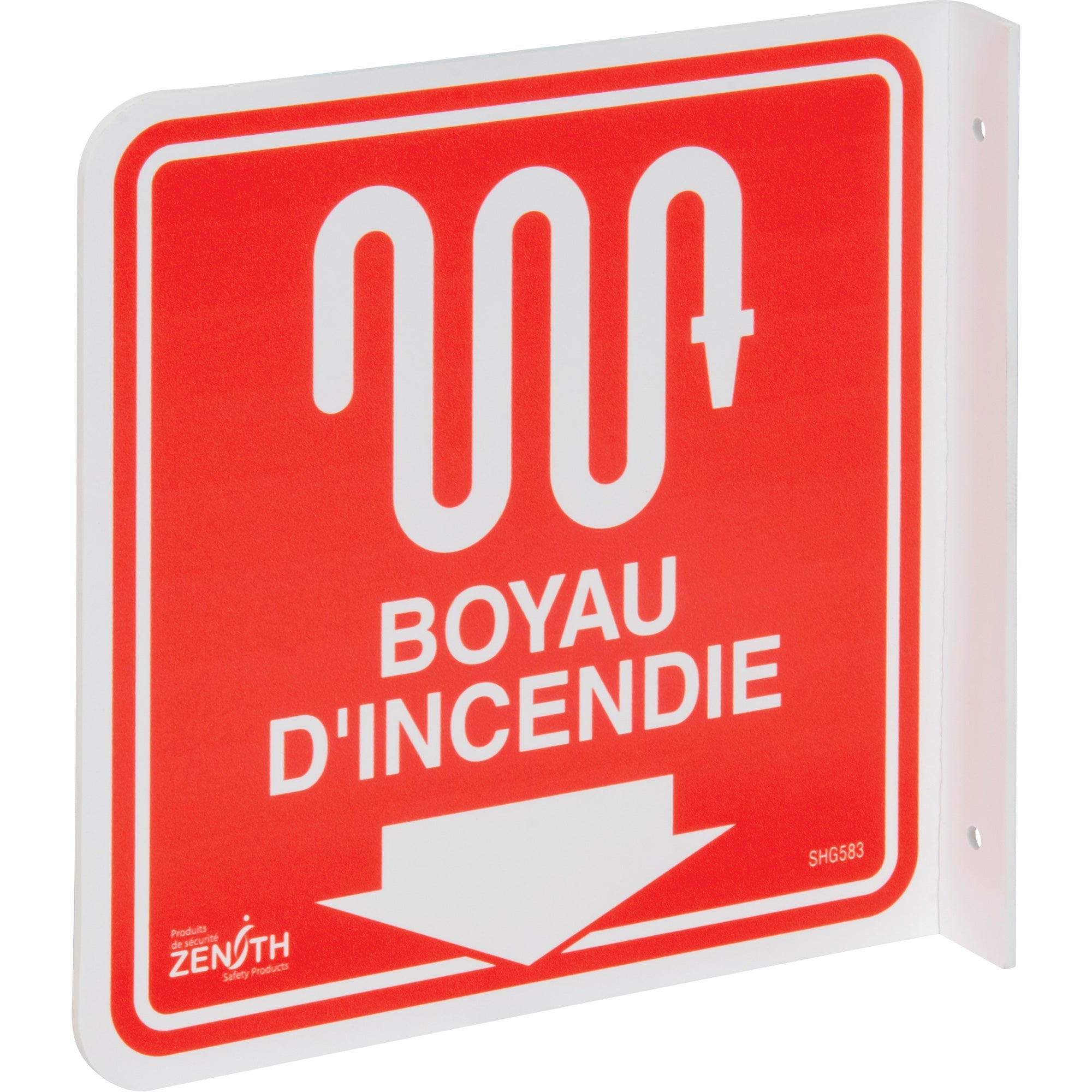 90° Projecting "Boyau d'Incendie" Sign, 8" x 8", Plastic, French with Pictogram