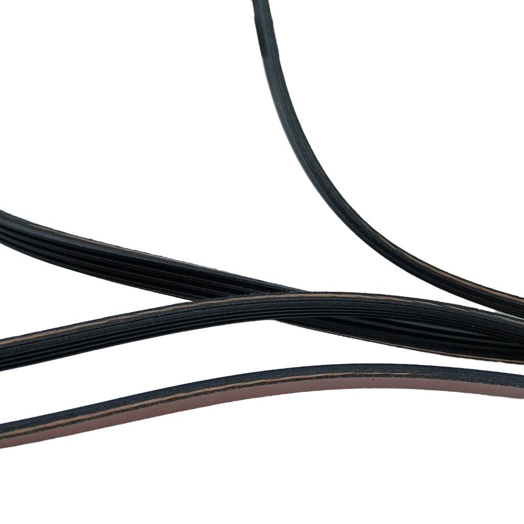 Close-up of black Supco LB29897 dryer drive belt with ribbed design against black background
