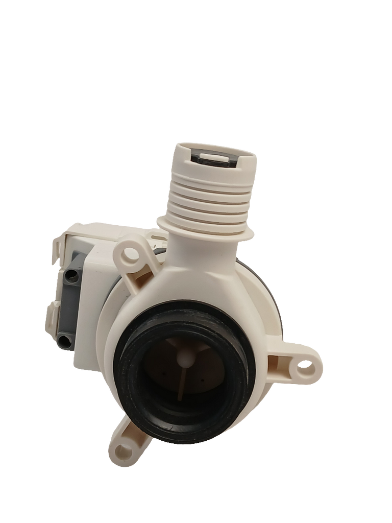 XPart Supply white washing machine drain pump with black rubber seal and electrical connector