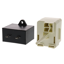 W10613606 refrigerator start device components in black and white plastic housing for appliance repair