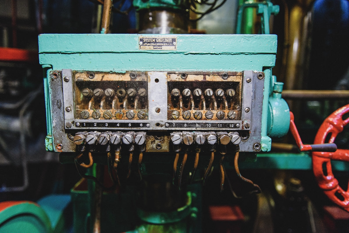 teal and brown electric connector box