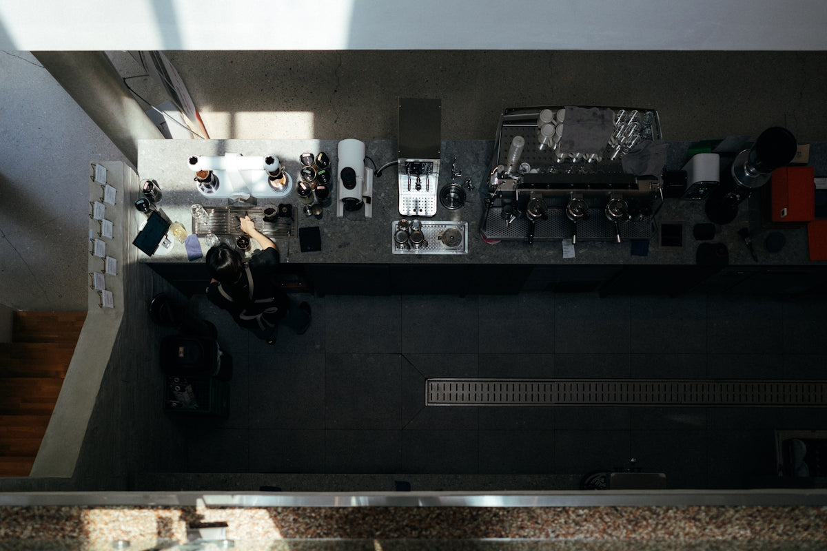 An overhead view of a kitchen with a sink