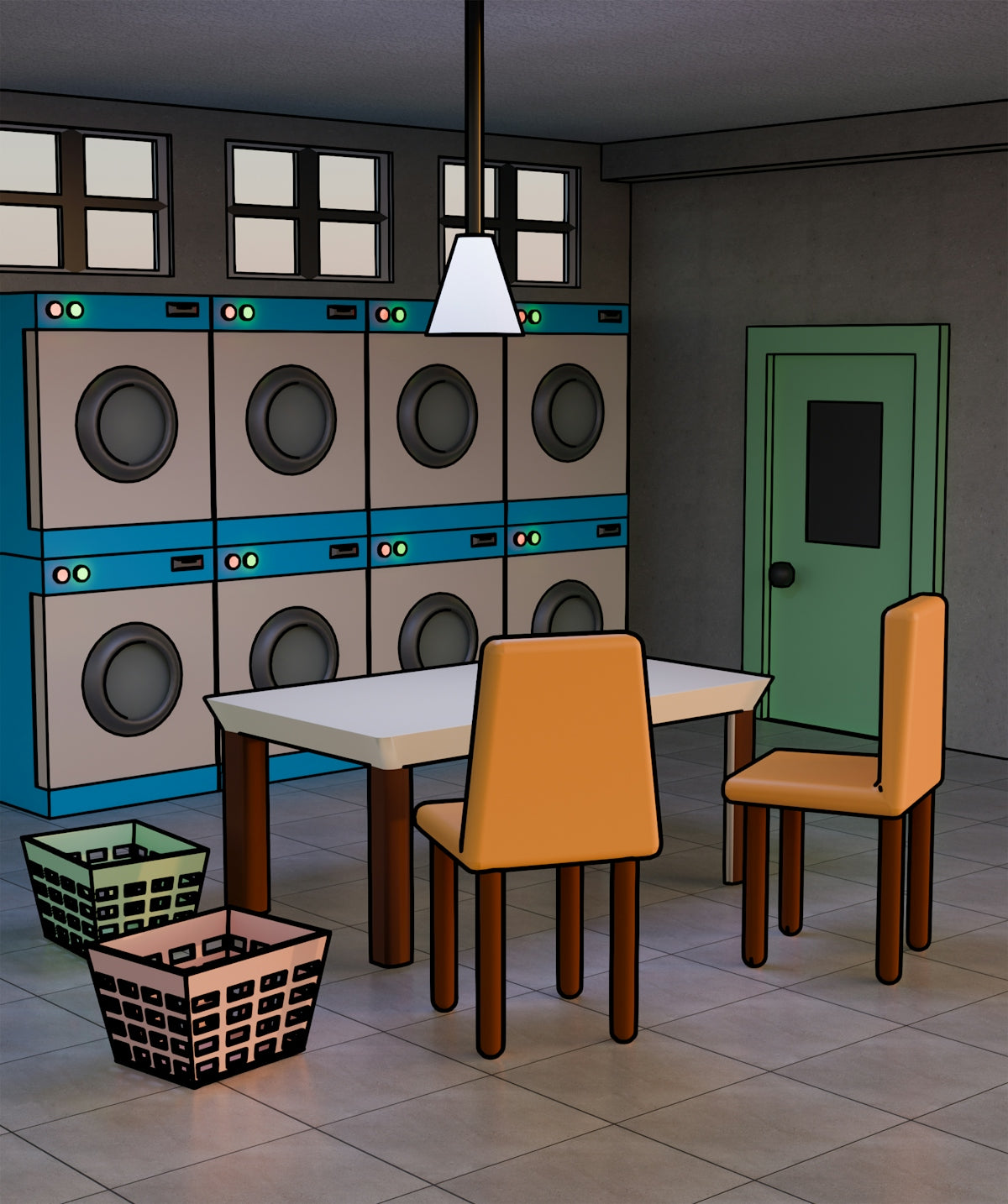 Laundry room with washing machines, table, and chairs.