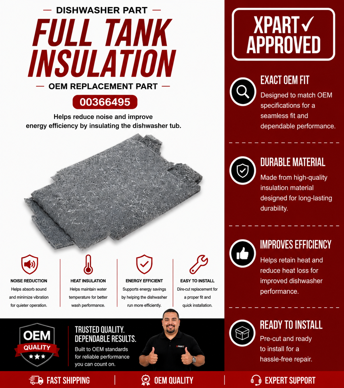 Bosch Dishwasher Full Tank Insulation 00366495 — Fix Noise and Heat Loss