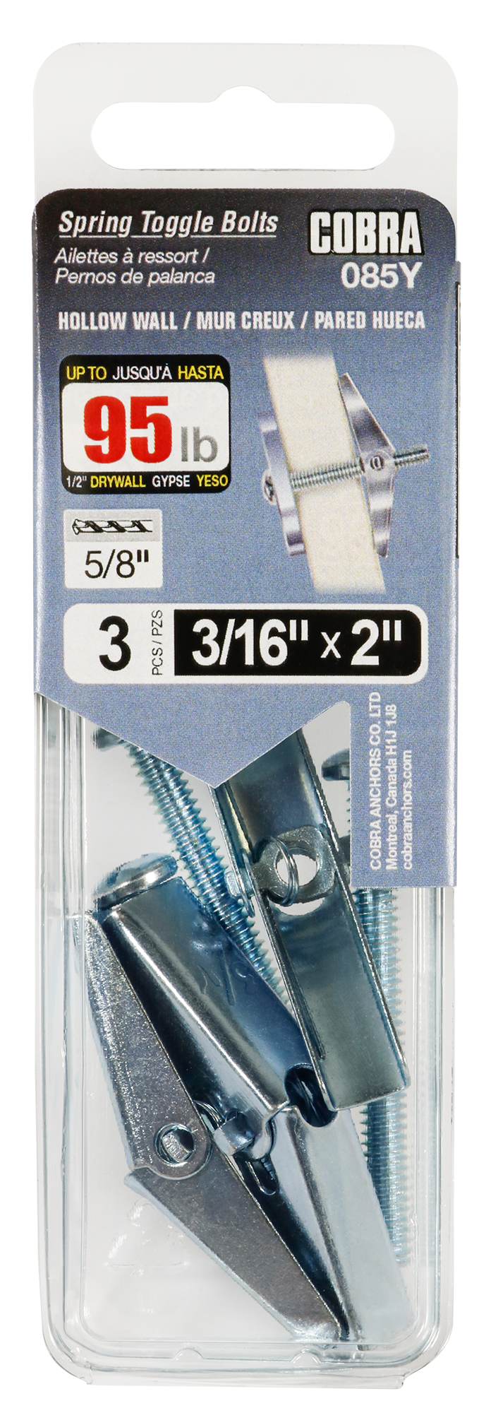 3/16"x2" Spring Toggle Bolts w/ Screw (3 Pack)