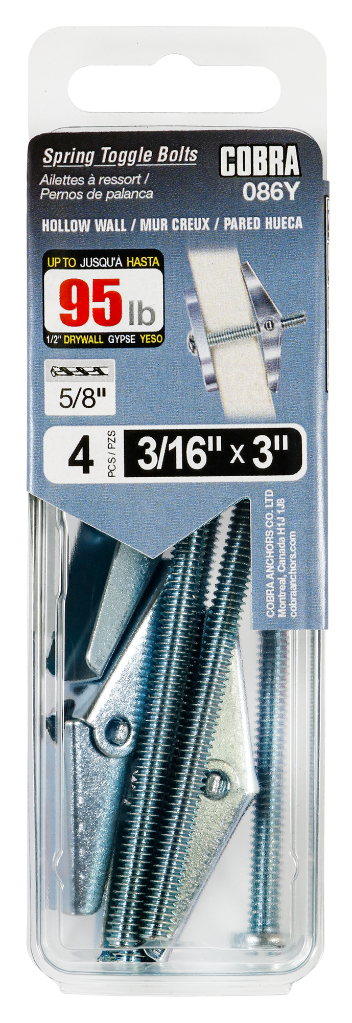 3/16"x3" Spring Toggle Bolts w/ Screw (4 Pack)