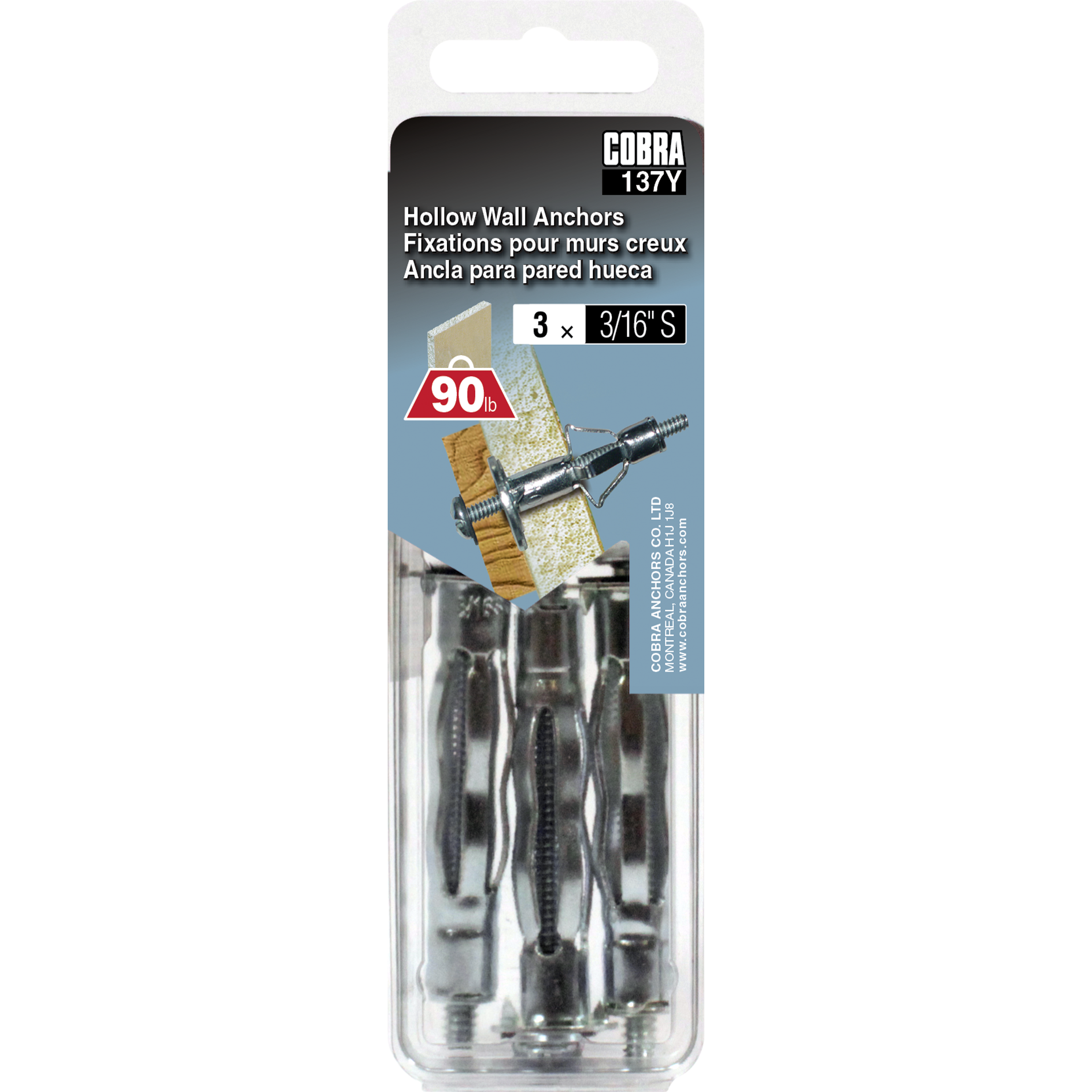 3/16" S Hollow Wall Anchor (3 Pack)