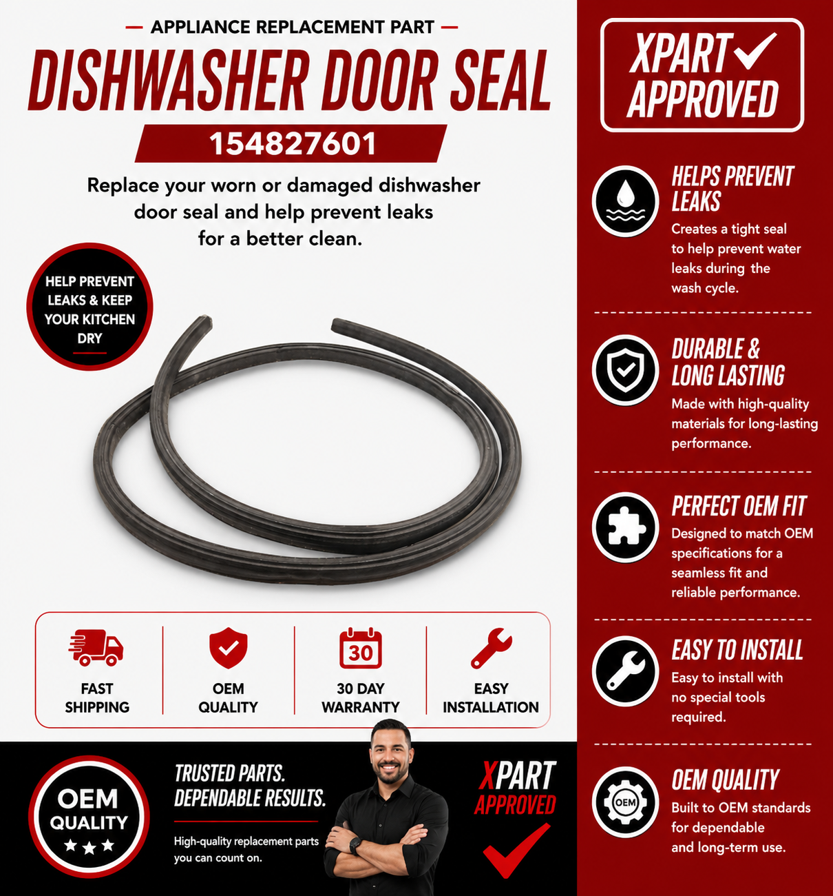 Frigidaire Dishwasher Door Seal 154827601 — Stops Leaks, Restores Door Seal