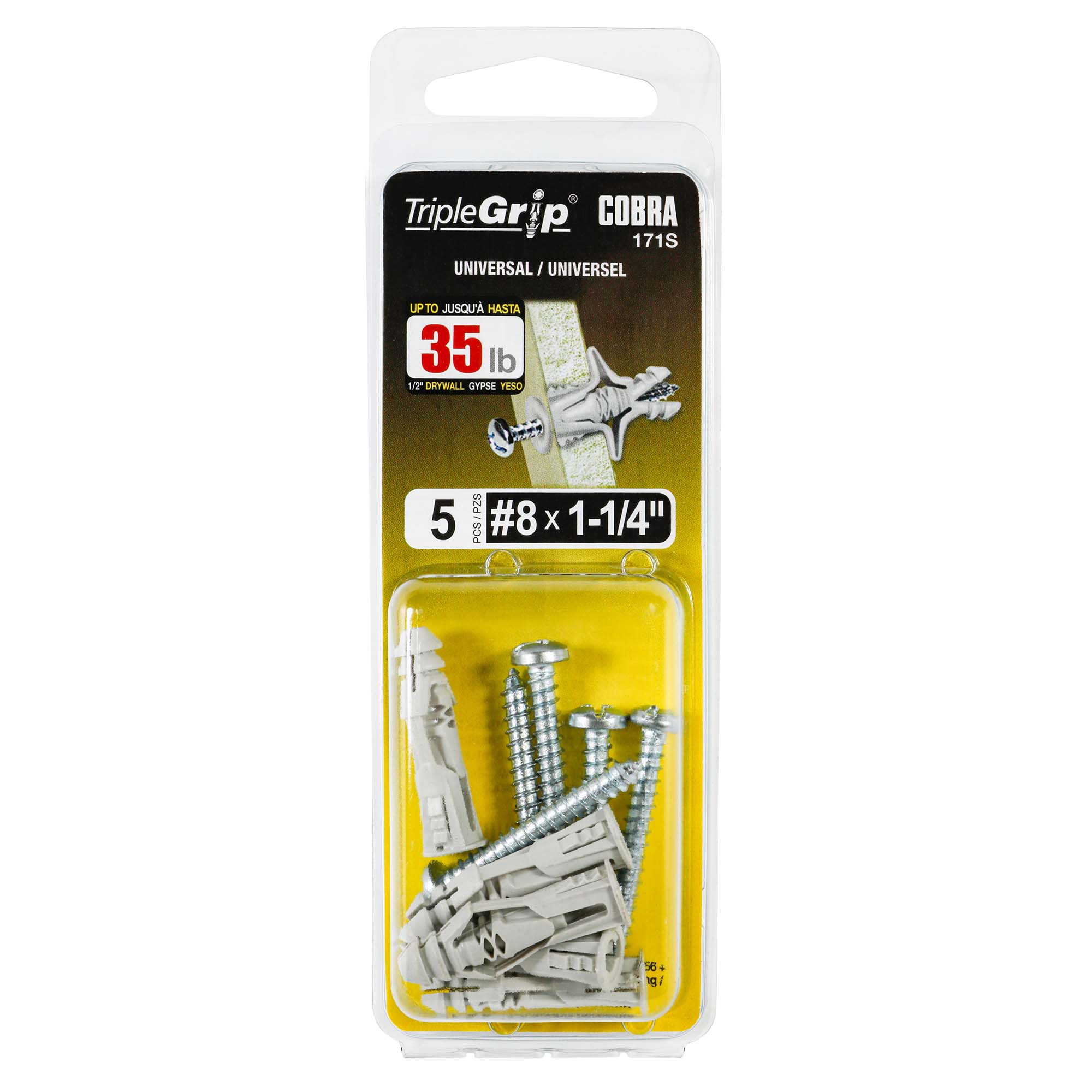 #8 TripleGrip Wall Anchor w/ Screws, Grey (5 Pack)