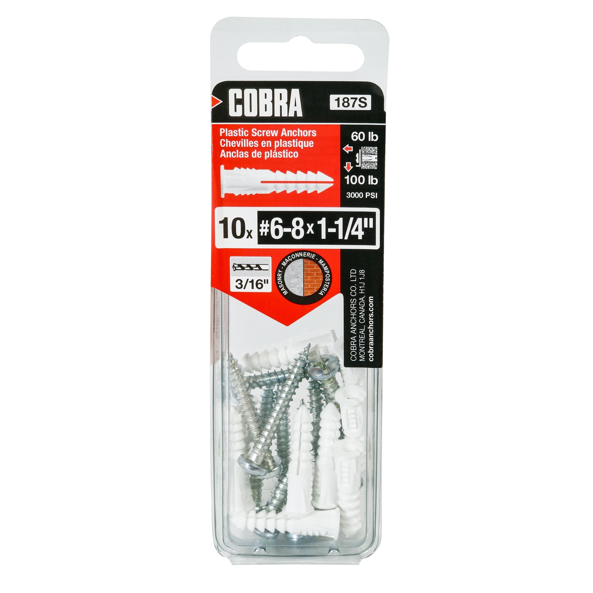 $6-8x1-1/4" Plastic Screw Anchor w/ Screws, White (10 Pack)