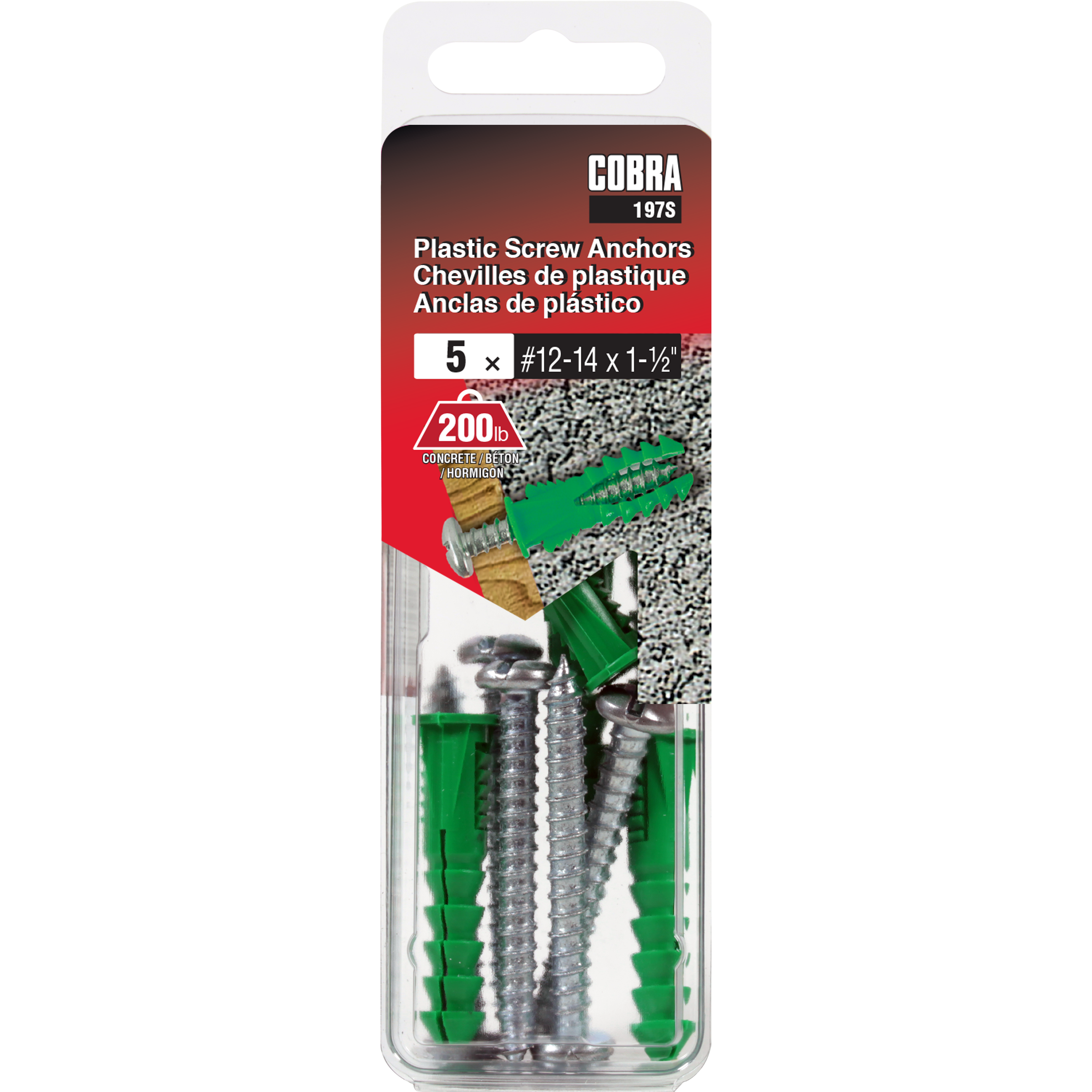 #12-14x1-1/2" Plastic Screw Anchor w/ Screws, Green (5 Pack)