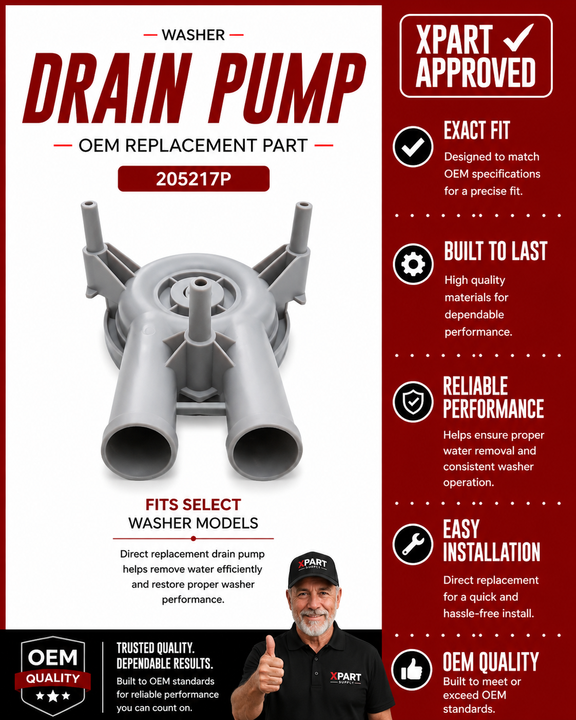 205217P Washer Drain Pump (replaces 201566P)