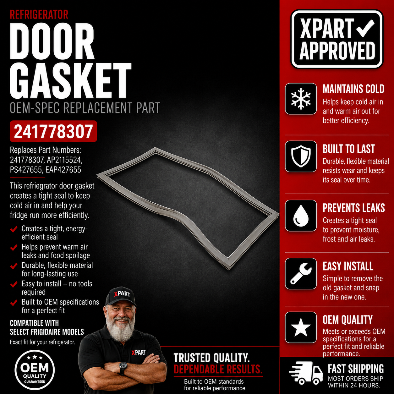 Electrolux Frigidaire Door Gasket 241778315 — Fixes Fresh-Food Compartment Seal Failure