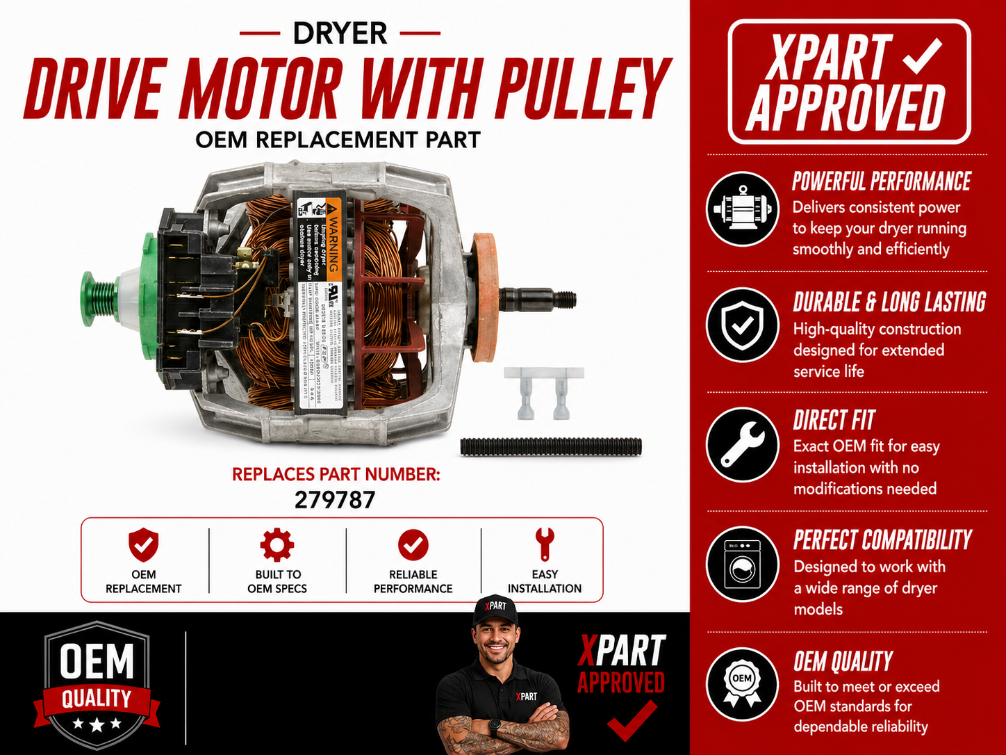 279787 Dryer Drive Motor with Pulley – OEM & XPart Whirlpool Replacement