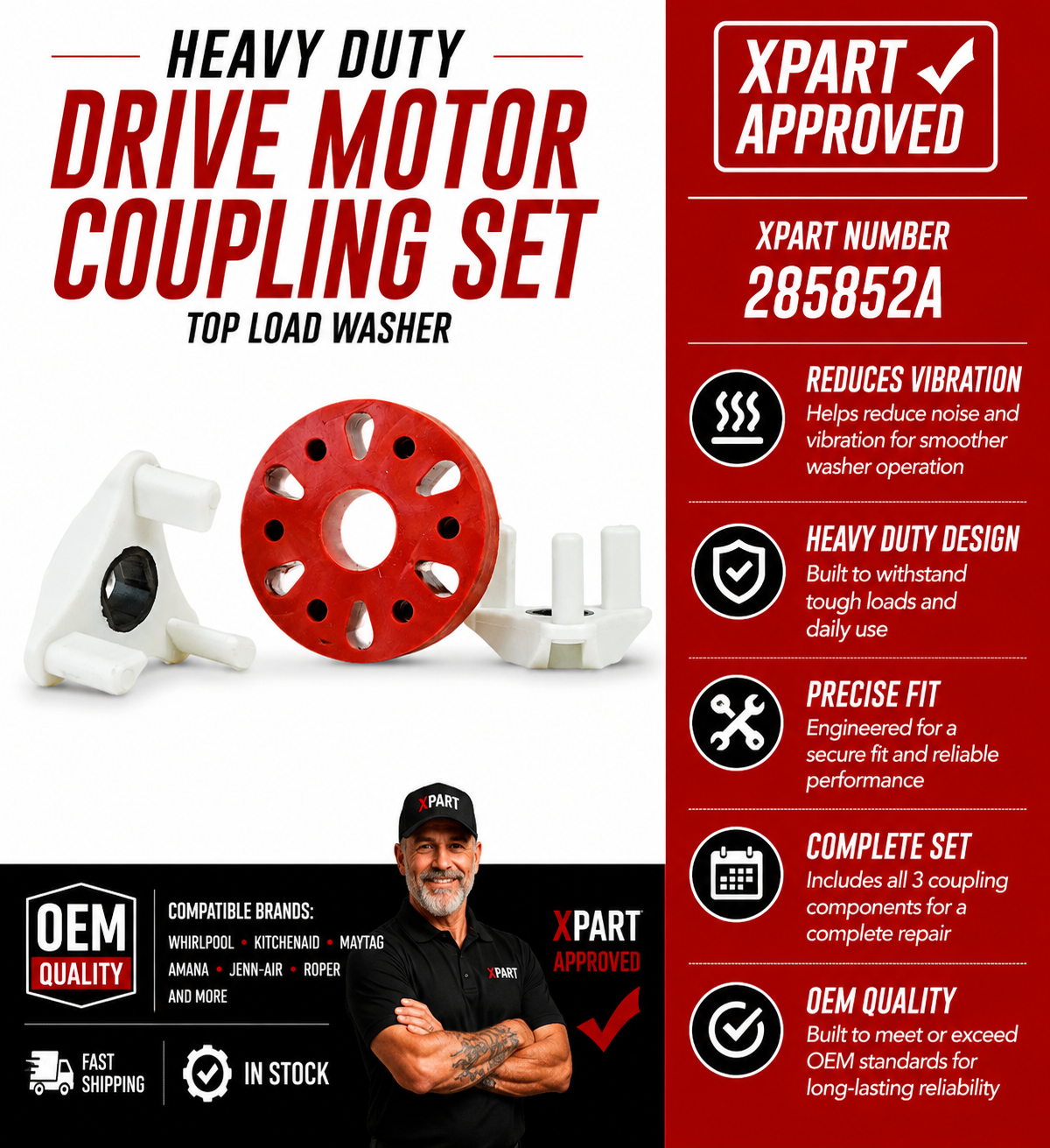 Whirlpool Motor Coupling 285852A — Fixes Washer That Won't Agitate or Spin
