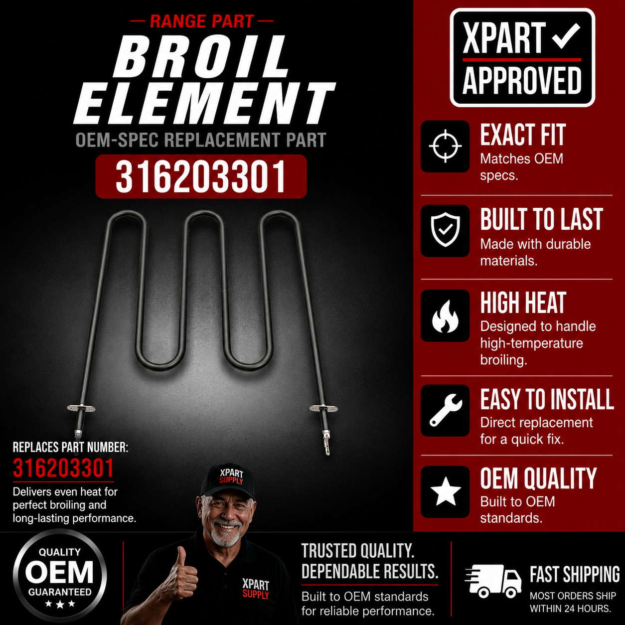 Frigidaire Range Broil Element 316203301 — Fixes No Broil Heat / Restores Top-Oven Heating