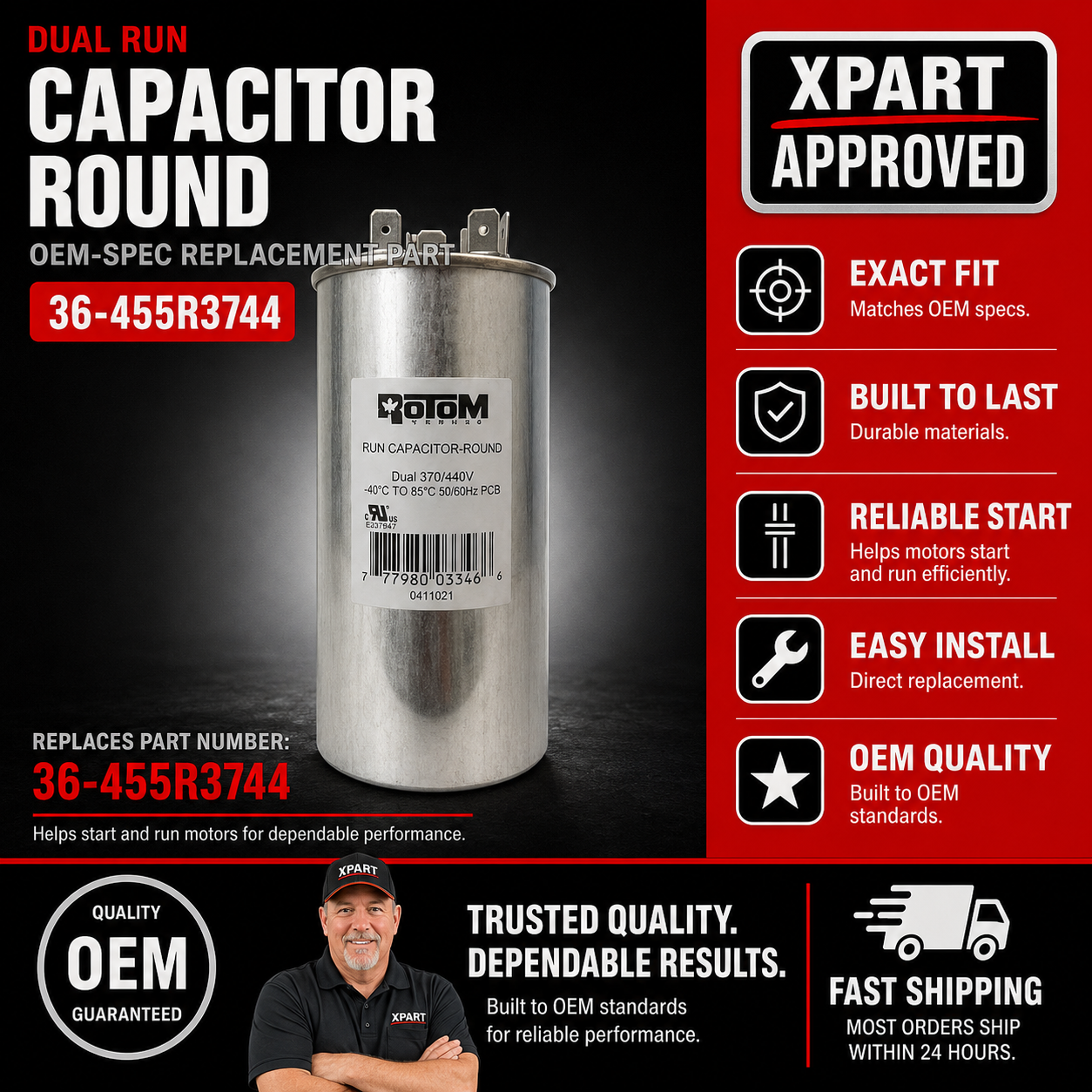 Rotom Dual Run Capacitor 36-455R3744 — Restores AC Compressor & Fan Motor Start