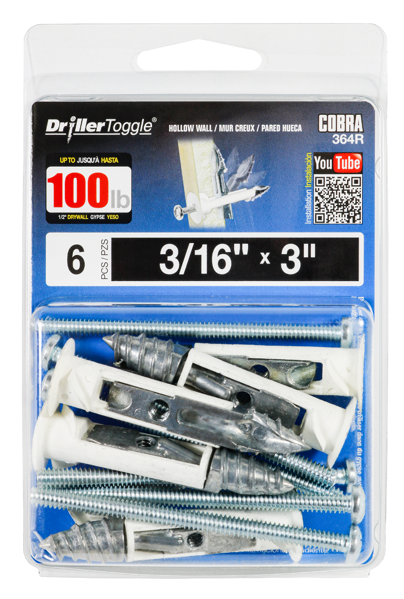 3/16"x3" DrillerToggle Wall Anchor w/ Bolts (6 Pack)