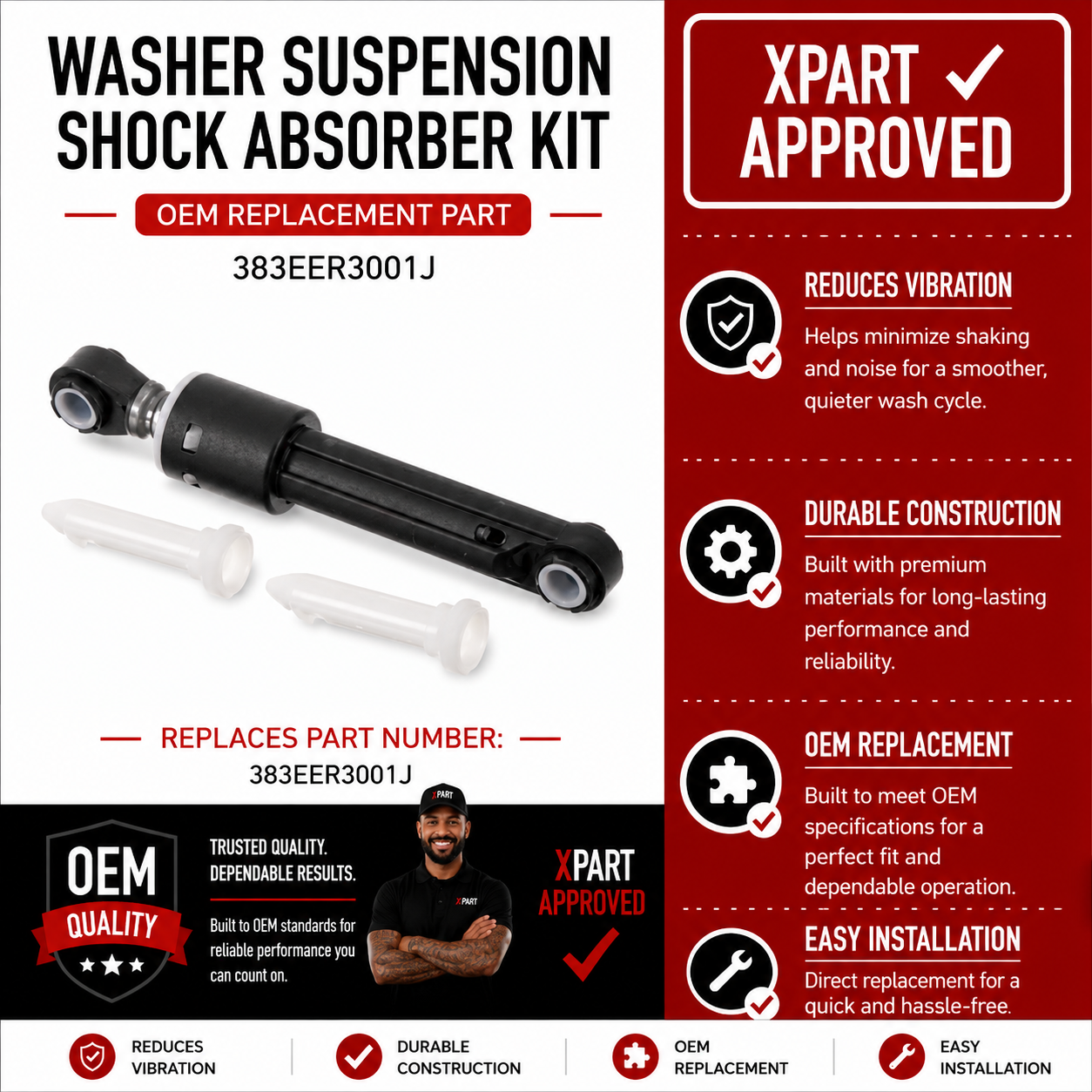 LG Washer Suspension Shock Absorber Kit 383EER3001J — Stop Drum Banging & Excessive Vibration