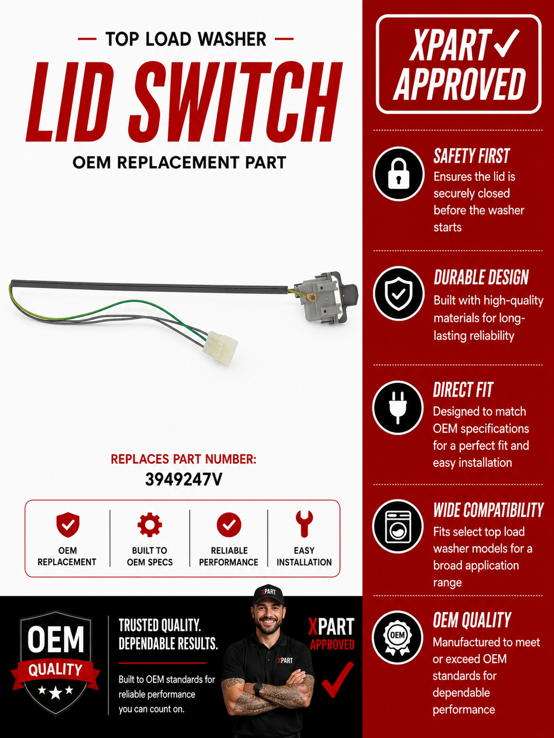 Top load washer lid switch replacement part with features and specifications on a white and red background.