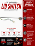 Top load washer lid switch replacement part with features and specifications on a white and red background.