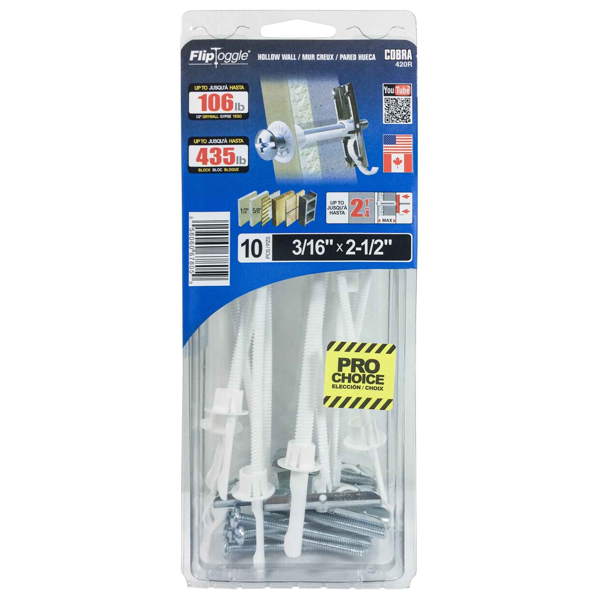 3/16"x2-1/2" Flip Toggle Wall Anchor w/ Bolts (10 Pack)