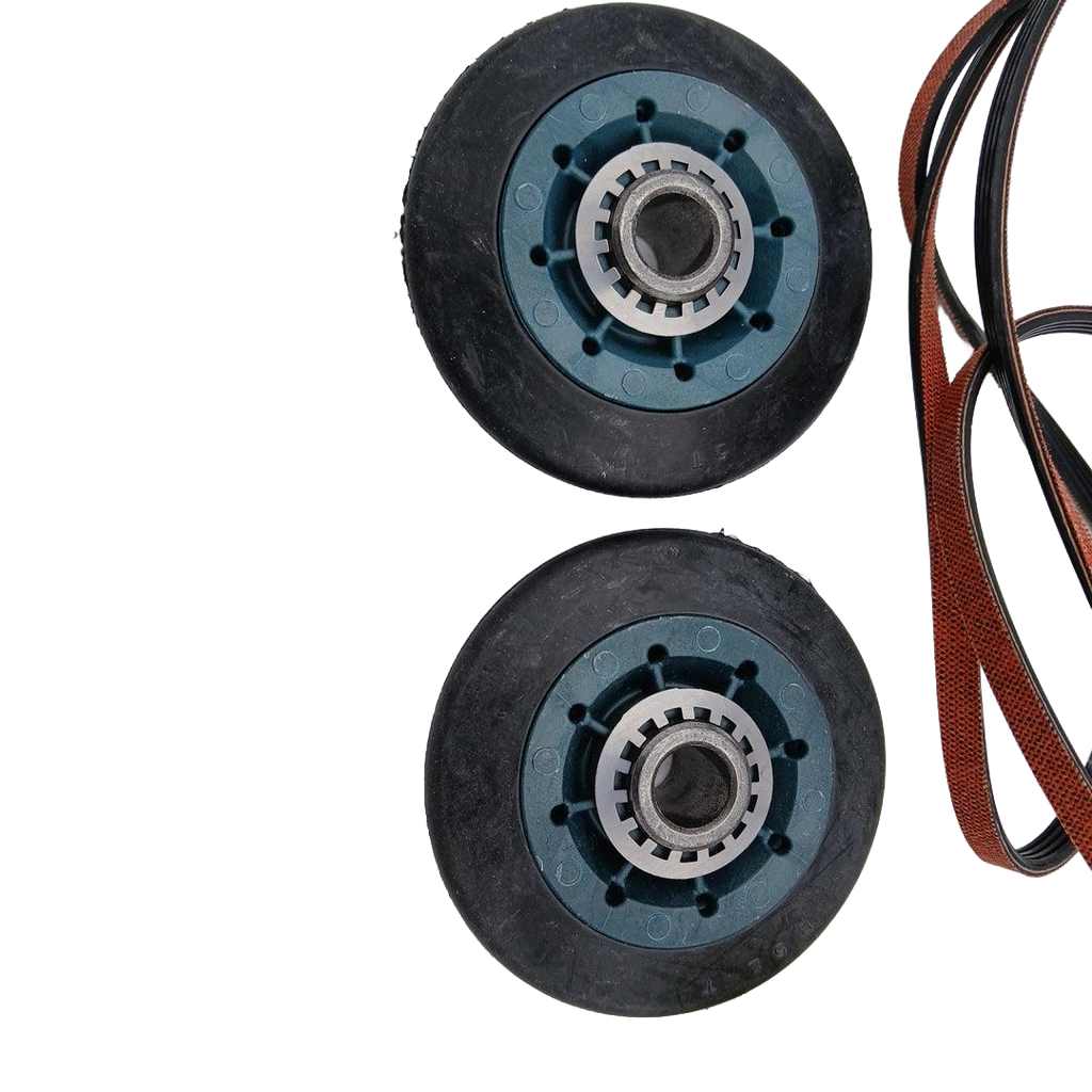 XPart Supply 4392065 dryer repair kit with two black and blue drum wheels and replacement belt