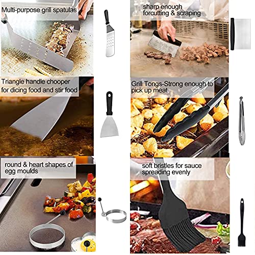 Griddle Accessories Kit,18 Pcs Griddle Grill Tools Set for Blackstone and Camp Chef,BBQ Spatula Set with Spatula, Basting Cover, Scraper, Bottle, Tongs, Egg Rings & Carry Bag - Appliance Genie
