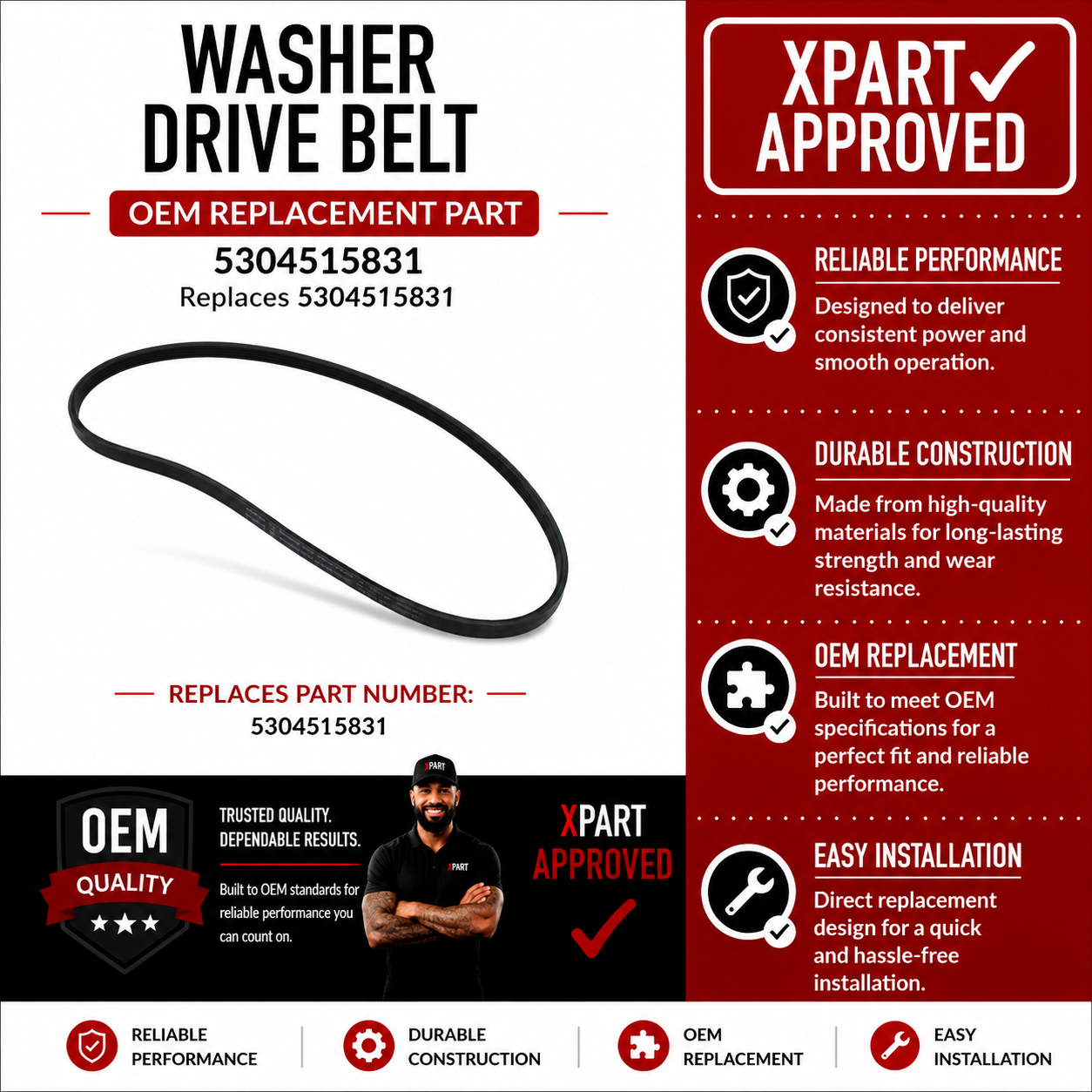 5304515831 Washer Drive Belt – OEM Frigidaire / Electrolux Front-Load Washer Drive Belt