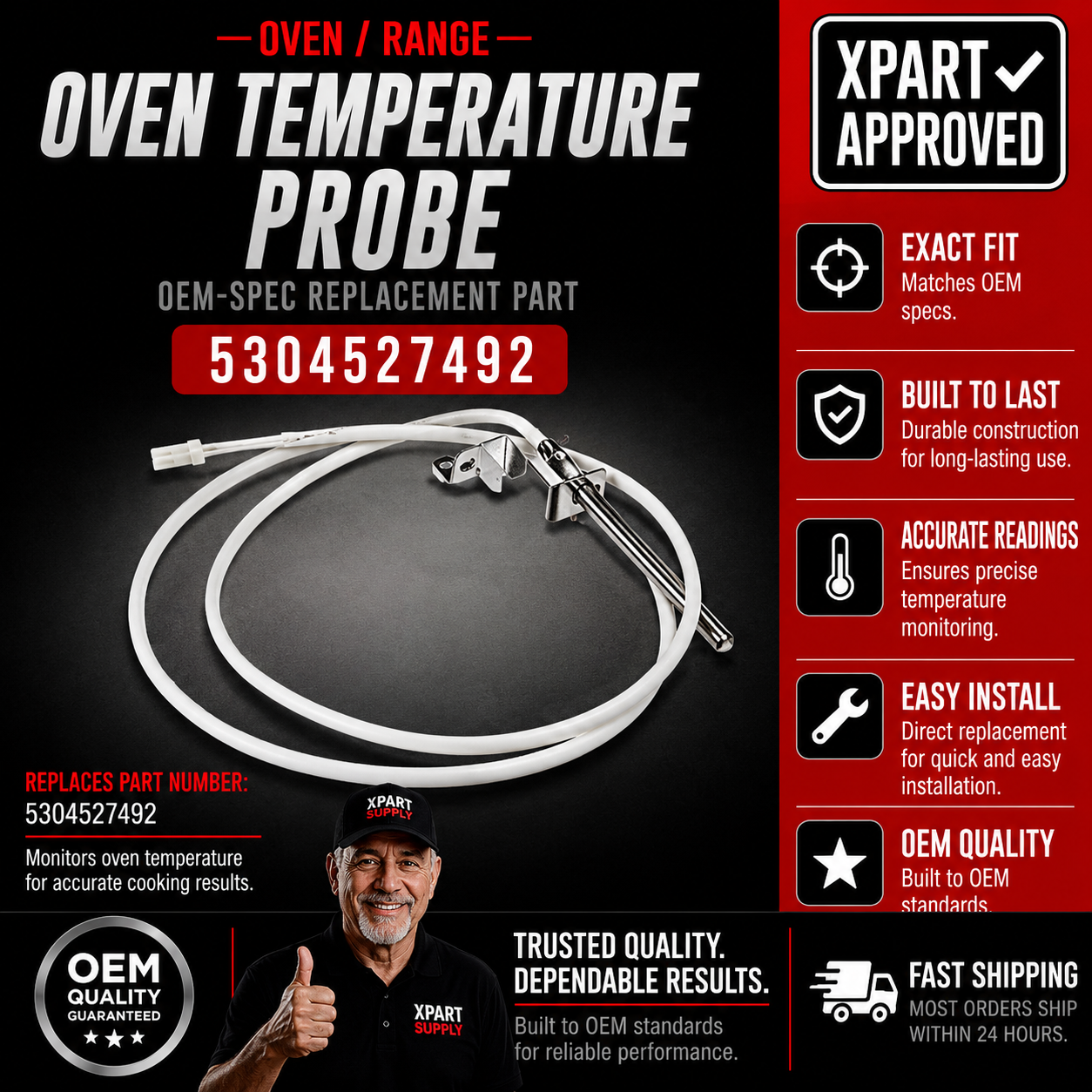 Frigidaire Range Oven Temperature Probe 5304527492, Fixes Inaccurate or Unstable Oven Heat