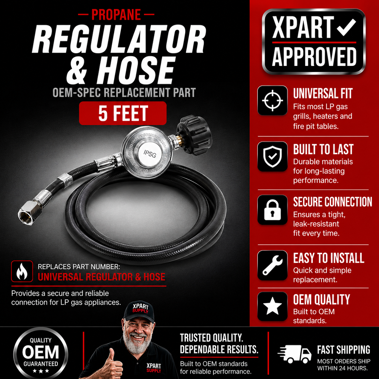 Universal 5-Foot Propane Regulator and Hose QCC1 — Fixes Low Flame / Restores LP Gas Connection