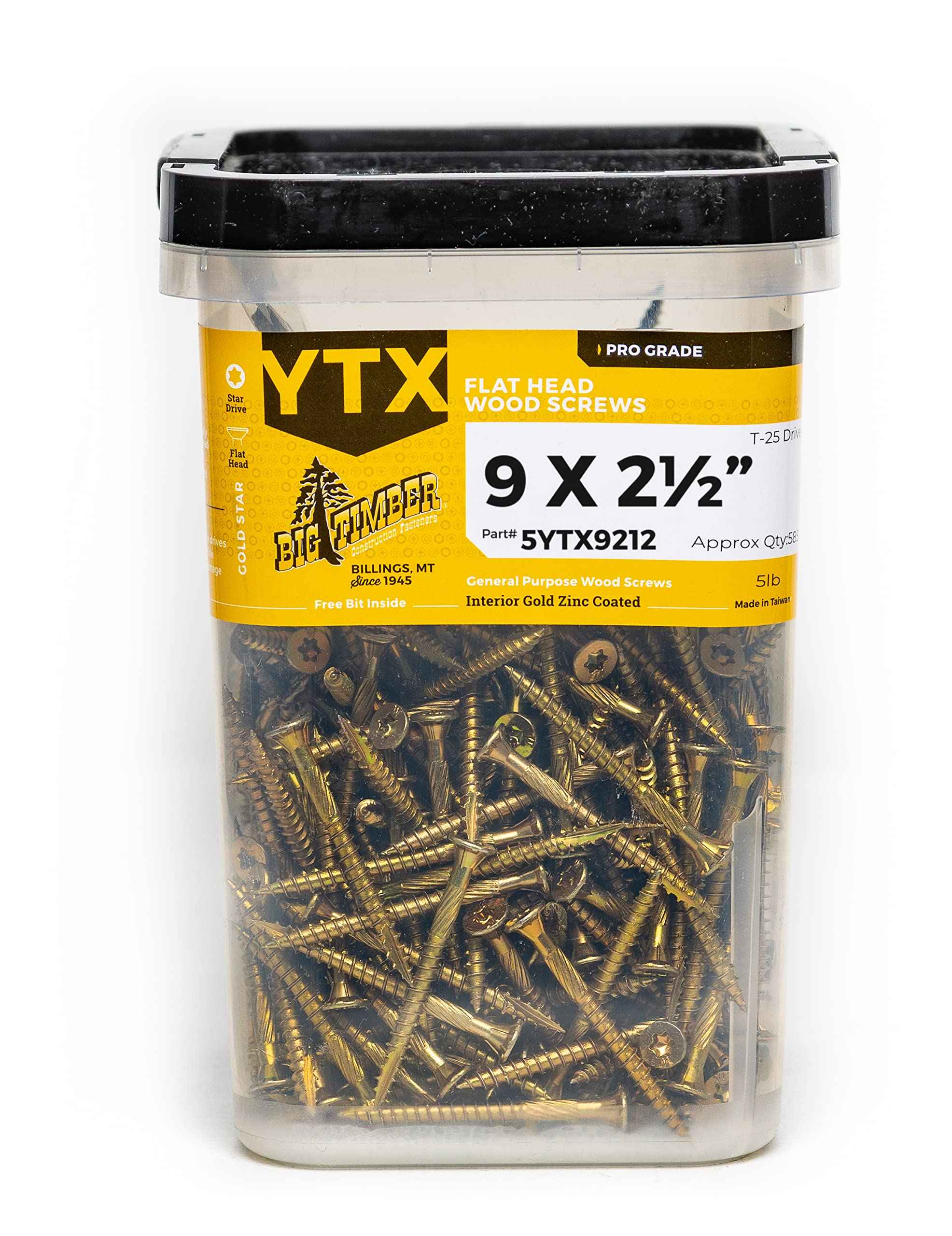 5# Bucket 9 x 2-1/2" Gold Robertson® Flat Head Screw (495/Bucket)