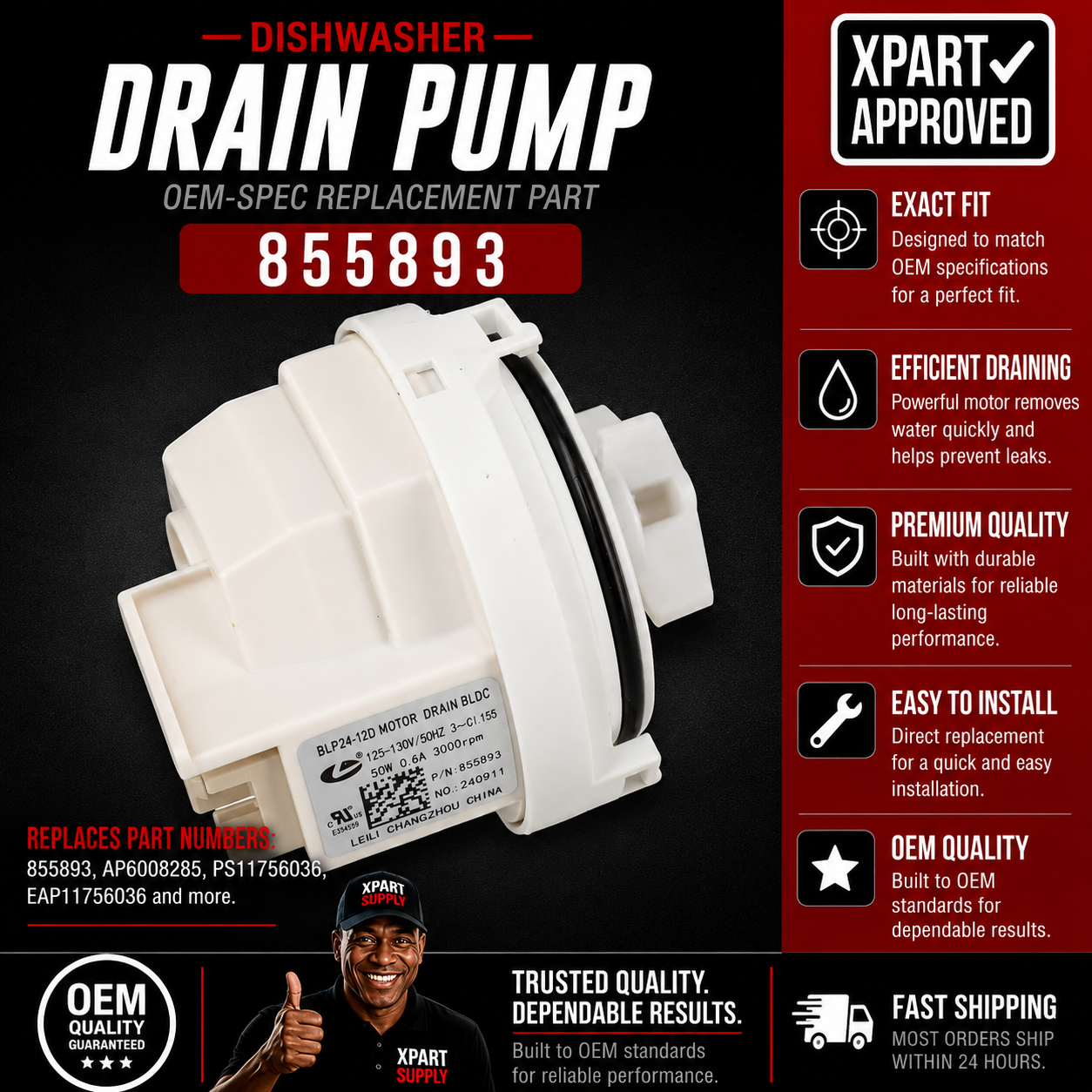Asko Dishwasher Dishwasher Parts and Accessories 855893 Drain Pump Fix Not Draining
