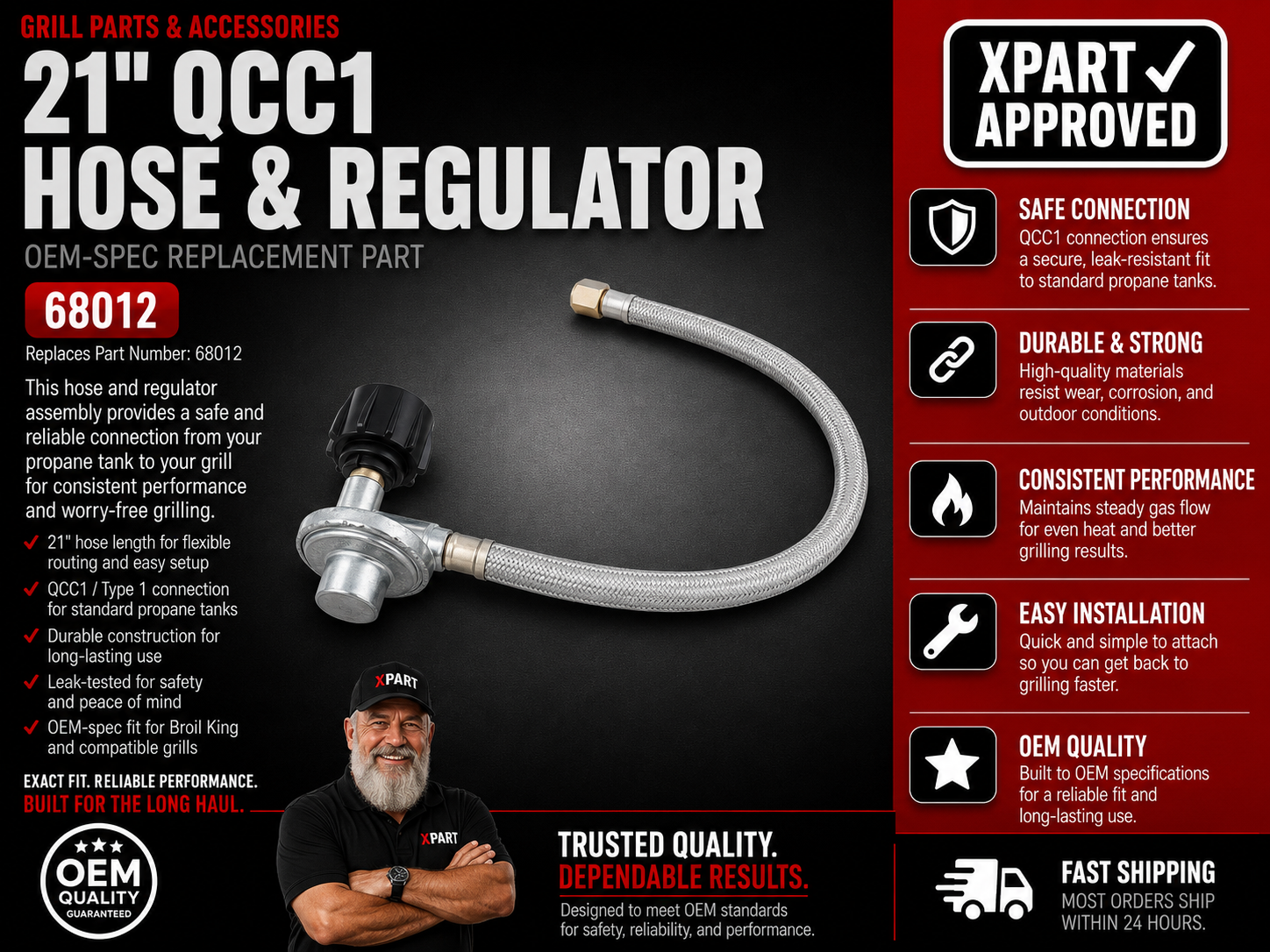 BBQ QCC1 Hose & Regulator 68012 — Replace Leaking or Damaged Propane Hose
