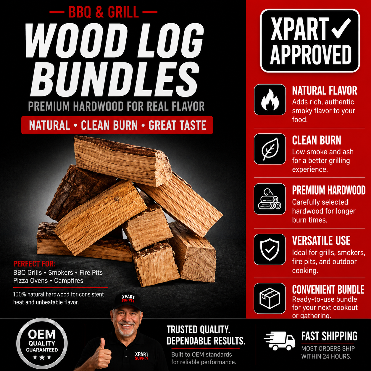 XPart Supply BBQ Smoking Wood Logs & Chunks for Offset Smokers