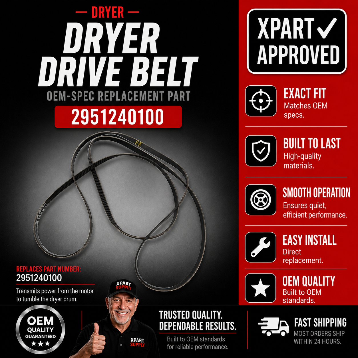 Blomberg Dryer Drive Belt 2951240100, Fixes Drum Not Turning or Belt Slipping