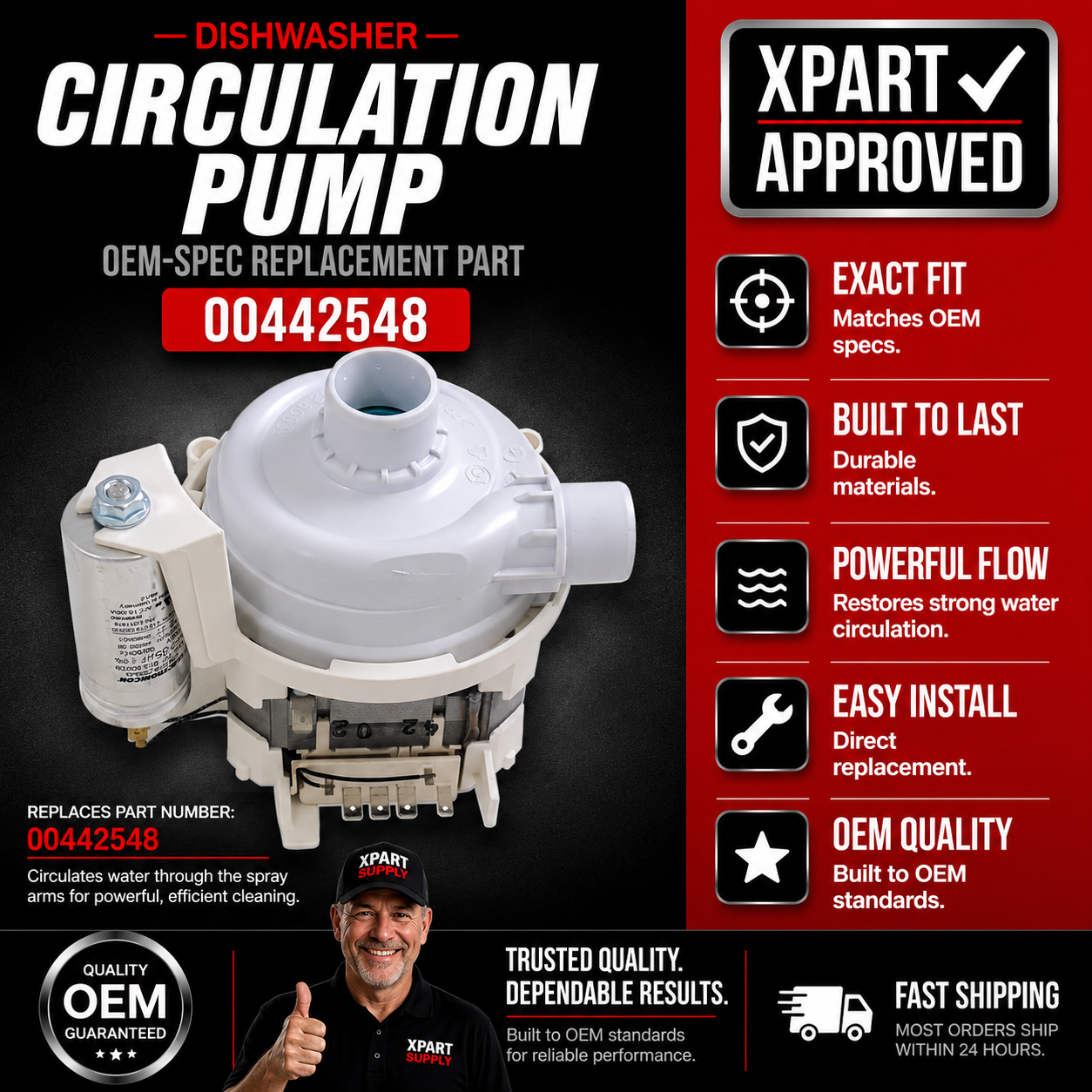 Bosch Dishwasher Circulation Pump 00442548 — Fix No Wash, No Drain & Humming Motor