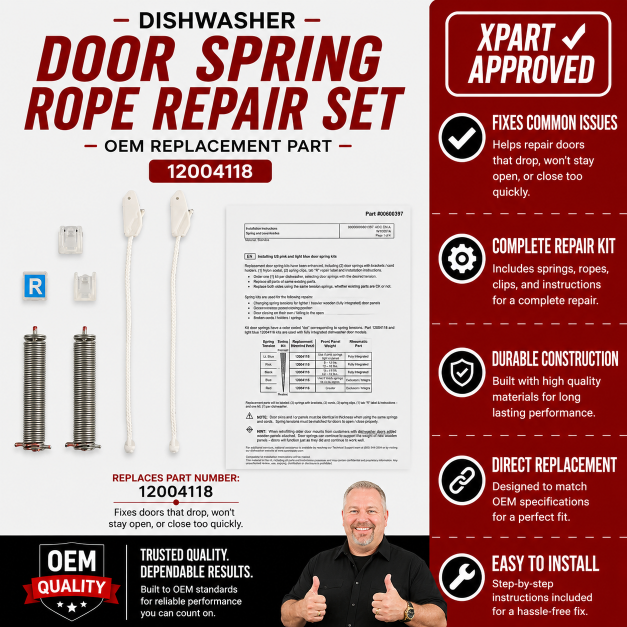 Bosch Dishwasher Door Spring & Rope Repair Set 12004118 — Fix Door That Drops or Won't Stay Open