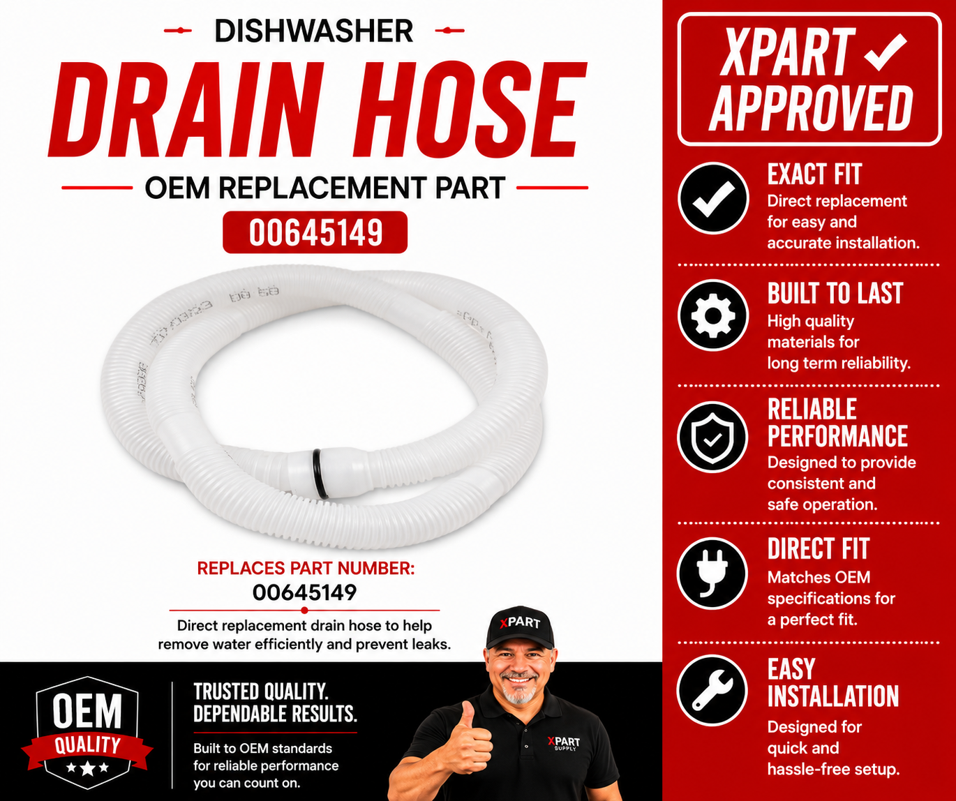 Bosch Dishwasher Drain Hose 00645149 — Fix Dishwasher Not Draining or Water Leaking